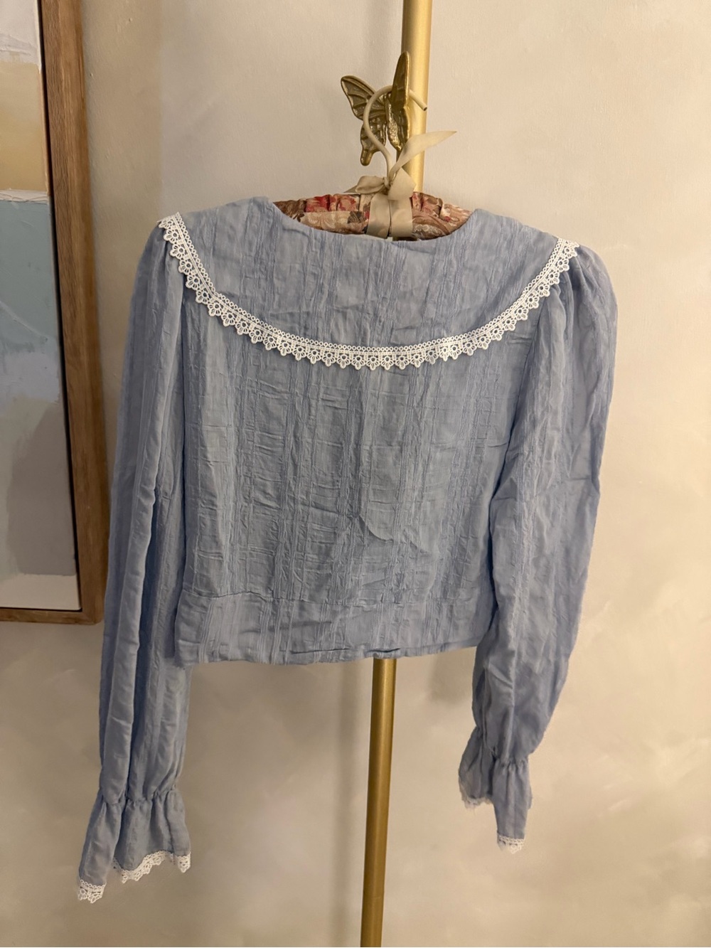 Pale Blue Lace-Trim V-Neck Women's Top - Picture 5 of 5